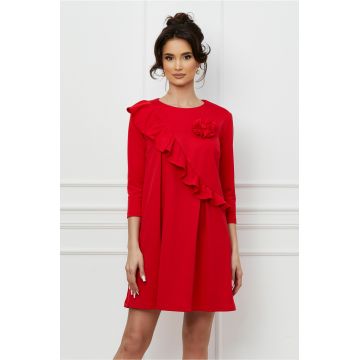 Rochie Dy Fashion rosie cu volan si floare 3D Rochie Dy Fashion rosie cu volan si floare 3D