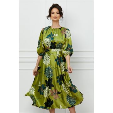 Rochie Dy Fashion satinata verde crud cu imprimeuri florale