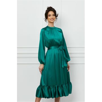 Rochie Dy fashion verde din satin cu volan la baza si cordon in talie