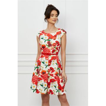 Rochie Ella alba cu imprimeu floral rosu si curea in talie