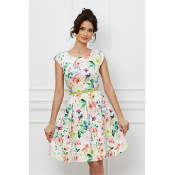 Rochie Ella alba cu imprimeu floral verde lime si curea in talie