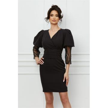 Rochie Ella Collection Adonia neagra cu paiete la maneci si centura in talie