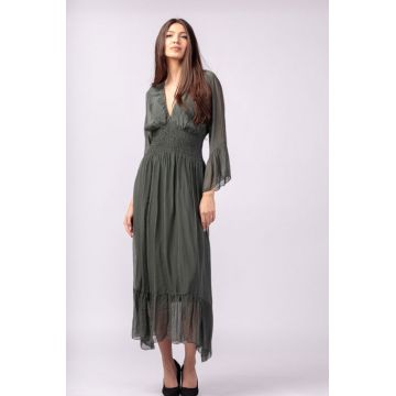 Rochie kaki din matase si vascoza cu banda elastica in talie si volane
