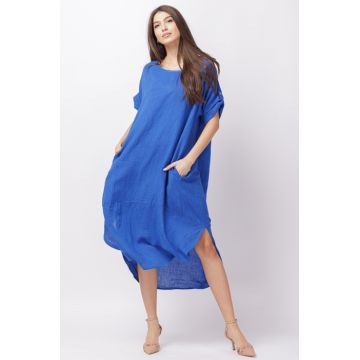 Rochie lalea oversize din in cu buzunare si crapaturi laterale rotunjite, albastru