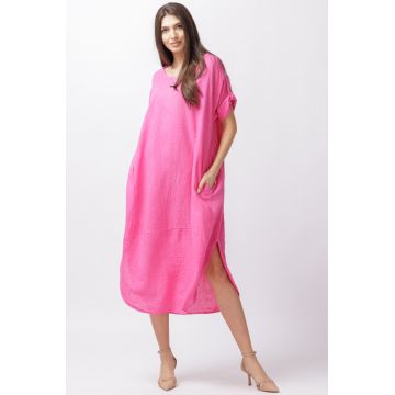 Rochie lalea oversize din in cu buzunare si crapaturi laterale rotunjite, fucsia