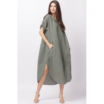 Rochie lalea oversize din in cu buzunare si crapaturi laterale rotunjite, kaki