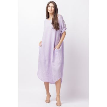 Rochie lalea oversize din in cu buzunare si crapaturi laterale rotunjite, lila