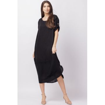 Rochie lalea oversize din in cu buzunare si crapaturi laterale rotunjite, negru