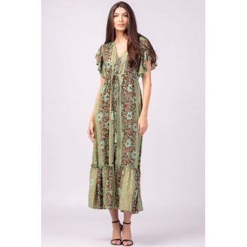Rochie lunga cu volan si imprimeu floral, din matase indiana verde menta - maro