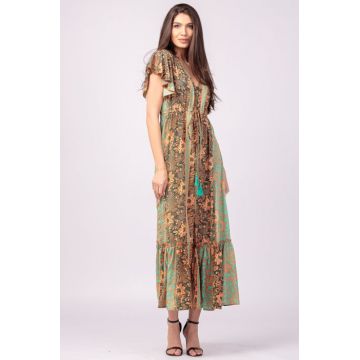 Rochie lunga cu volan si imprimeu floral, din matase indiana verde menta - portocaliu