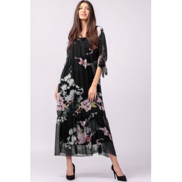 Rochie lunga din matase si vascoza, cu imprimeu flori de cires pe fond negru