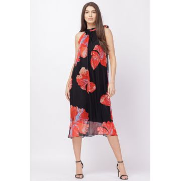 Rochie lunga din matase naturala neagra cu flori rosii