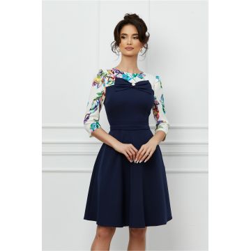 Rochie MBG bleumarin cu imprimeu si funda la bust