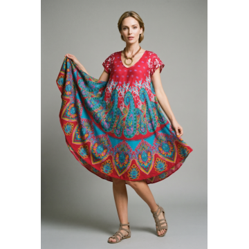 Rochie midi A-line cu imprimeu paisley, pe fond fucsia