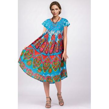 Rochie midi A-line cu imprimeu paisley, pe fond turcoaz