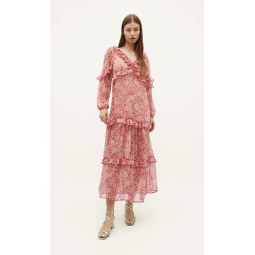 Stradivarius Rochie Midi Cu Imprimeu Și Volane Roz Pastel Xs