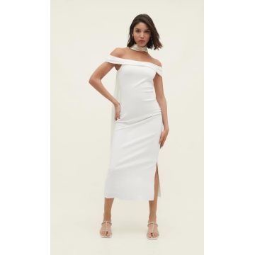 Stradivarius Rochie Midi Din Bengalină Cu Decolteu Bardot Ecru Xs