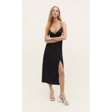 Stradivarius Rochie Midi Satinată Tip Furou Negru M