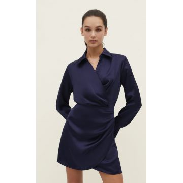 Stradivarius Rochie Scurtă Din Satin Cu Drapaj La Poale Bleumarin S