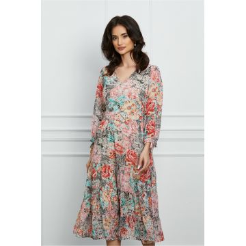 Rochie Amelia bej cu imprimeuri florale rosii