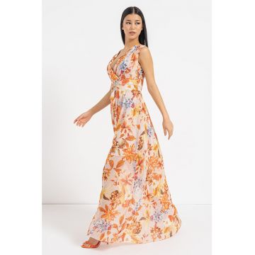 Rochie cu imprimeu floral si detalii plisate