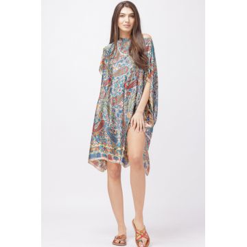 Rochie de plaja tip poncho din matase cu imprimeu paisley pe fond bej