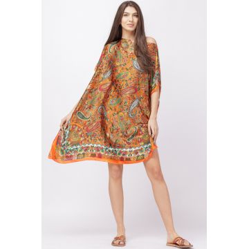 Rochie de plaja tip poncho din matase cu imprimeu paisley pe fond portocaliu