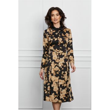 Rochie Dy Fashion neagra cu flori bej si nasturi la bust
