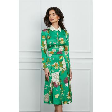 Rochie Dy Fashion verde cu imprimeu floral si nasturi la bust