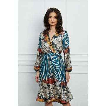 Rochie Irene albastra satinata cu imprimeu ivory