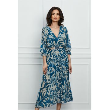 Rochie Izabela albastra cu imprimeu bej si curea in talie