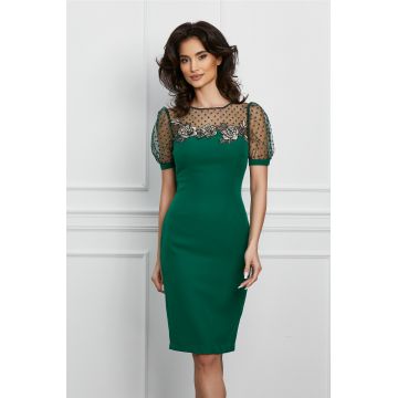 Rochie MBG verde cu broderie florala la bust si buline