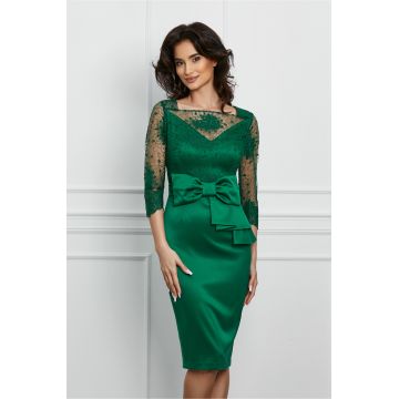 Rochie MBG verde din satin cu peplum si funda in talie