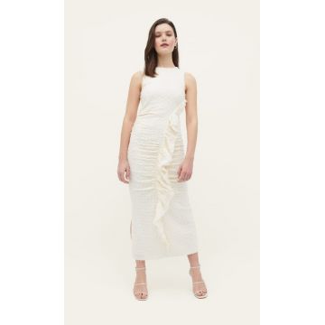 Stradivarius Rochie Midi Încrețită Din Dantelă Vanilie Xl