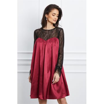 Rochie Dy Fashion bordo din satin cu dantela si pene la maneci