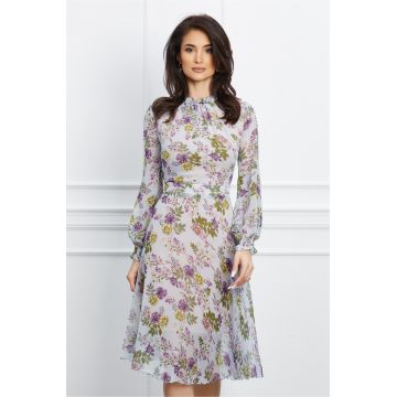 Rochie Dy Fashion din voal bleu cu imprimeu floral mov