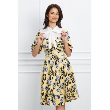 Rochie Dy Fashion galbena cu imprimeu si bust din voal