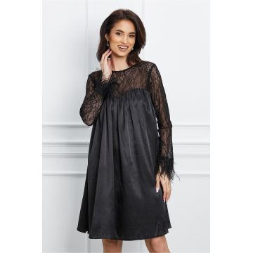 Rochie Dy Fashion neagra din satin cu dantela si pene la maneci