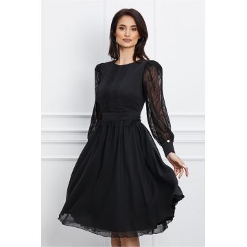 Rochie Dy Fashion neagra din voal cu dantela la bust si maneci