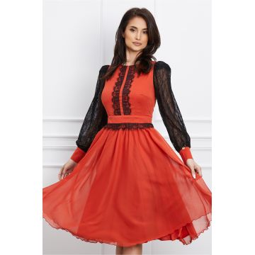 Rochie Dy Fashion orange din voal cu dantela la bust si maneci