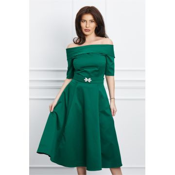 Rochie Dy Fashion verde cu umeri goi si accesoriu in talie