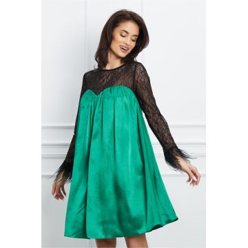 Rochie Dy Fashion verde din satin cu dantela si pene la maneci