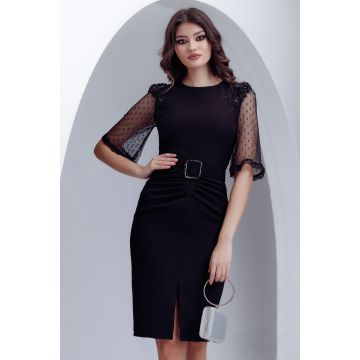 Rochie eleganta Fofy neagra cu maneci de dantela si aplicatii 3D