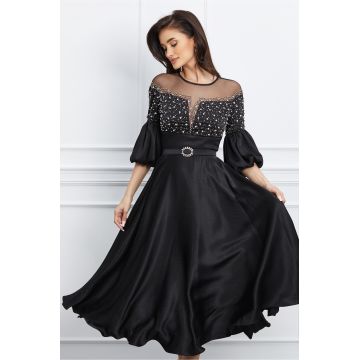 Rochie Iarina neagra cu strasuri la bust si curea in talie