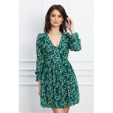Rochie Ilona verde cu imprimeuri bej si nasturi in talie