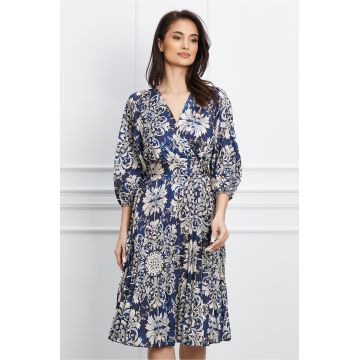Rochie Mara bleumarin cu imprimeuri ivory si decolteu in V