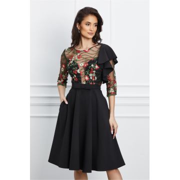 Rochie MBG neagra cu dantela florala la bust si volan pe umar