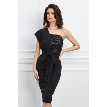 Rochie MBG neagra cu paiete la bust si funda in talie