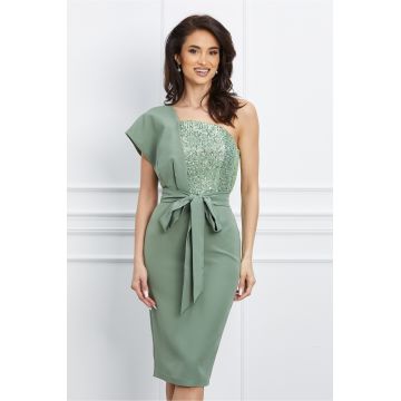 Rochie MBG verde fistic cu paiete la bust si funda in talie