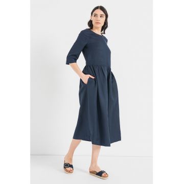 Rochie midi din amestec de in cu maneci medii